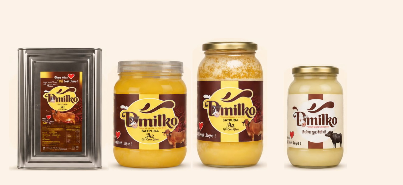 The D'Milko range — 15 kg tin, 1 litre and 500 ml jars of A2 Gir cow and buffalo ghee