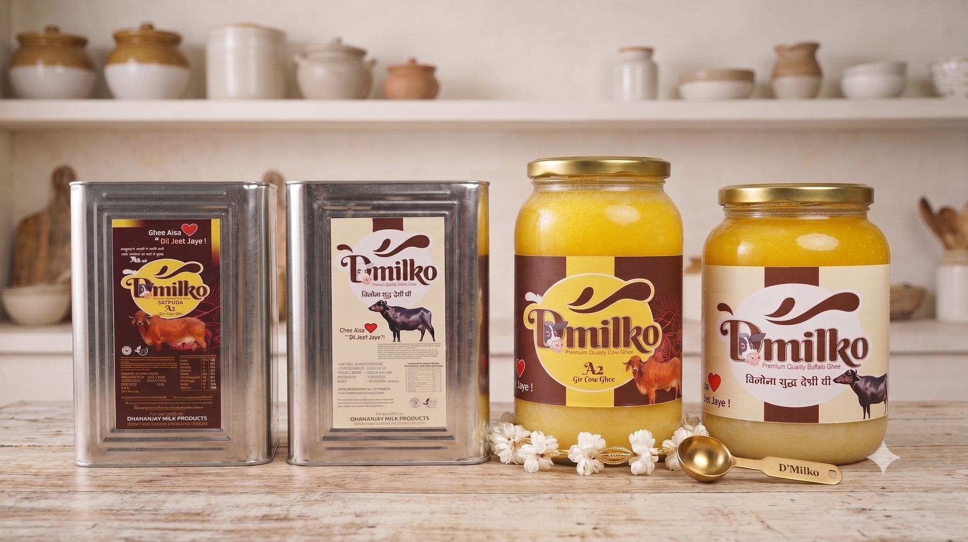 D'Milko ghee range on a kitchen counter — 15 kg cow and buffalo tins beside 1 litre A2 Gir cow and buffalo ghee jars